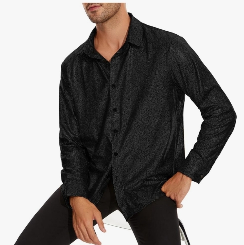 Men's Black Shiny Metallic Dress Shirt - Picture 4 of 16